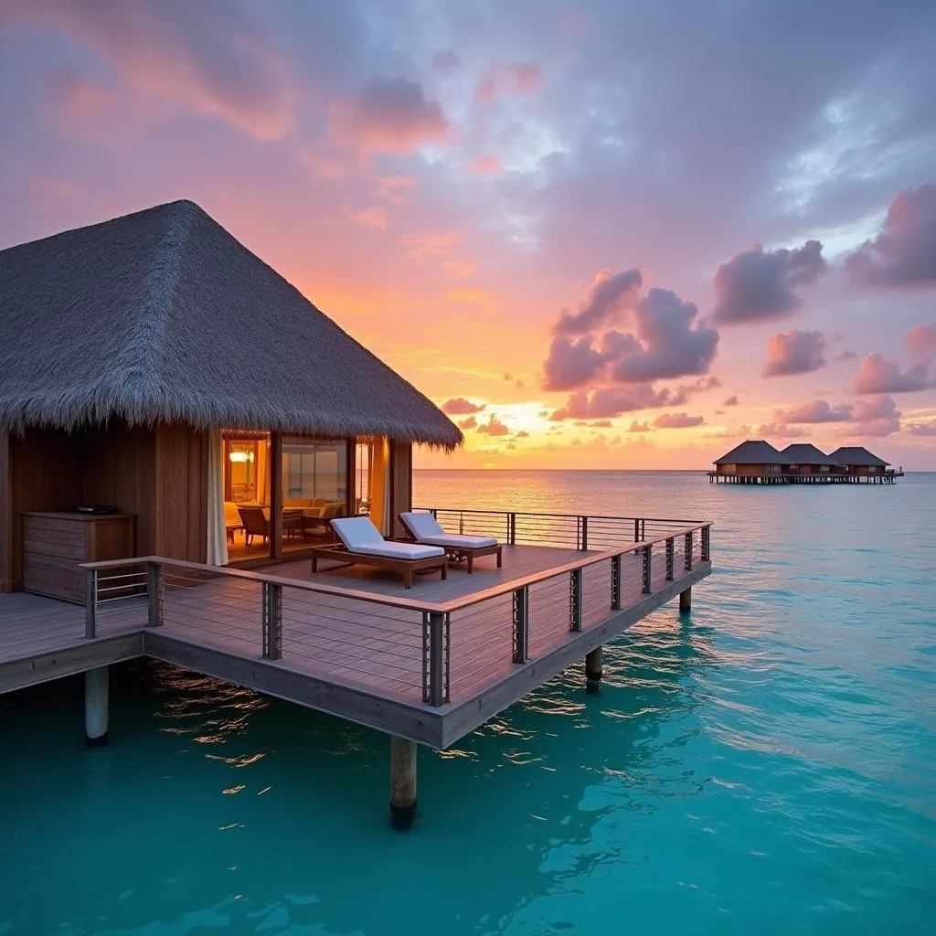 Overwater bungalow at sunset in the Maldives