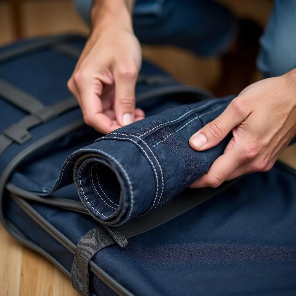 Man packing rolled slacks in backpack