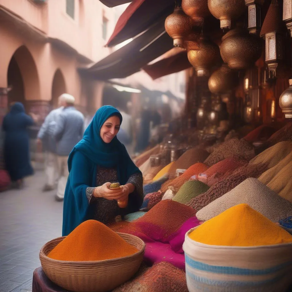 Woman haggling for spices in a vibrant Moroccan market