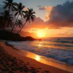 Sunset over the ocean with palm trees on a beach in Maui