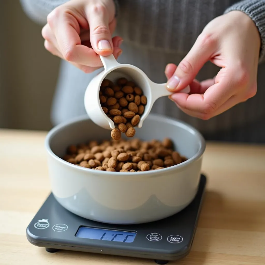 A person measuring out dog food for a new mom dog