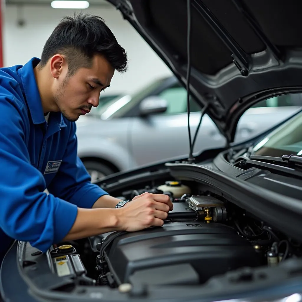 Mechanic Inspecting Used Car in Hanoi