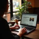 Traveler using a mechanical keyboard in a Hanoi cafe