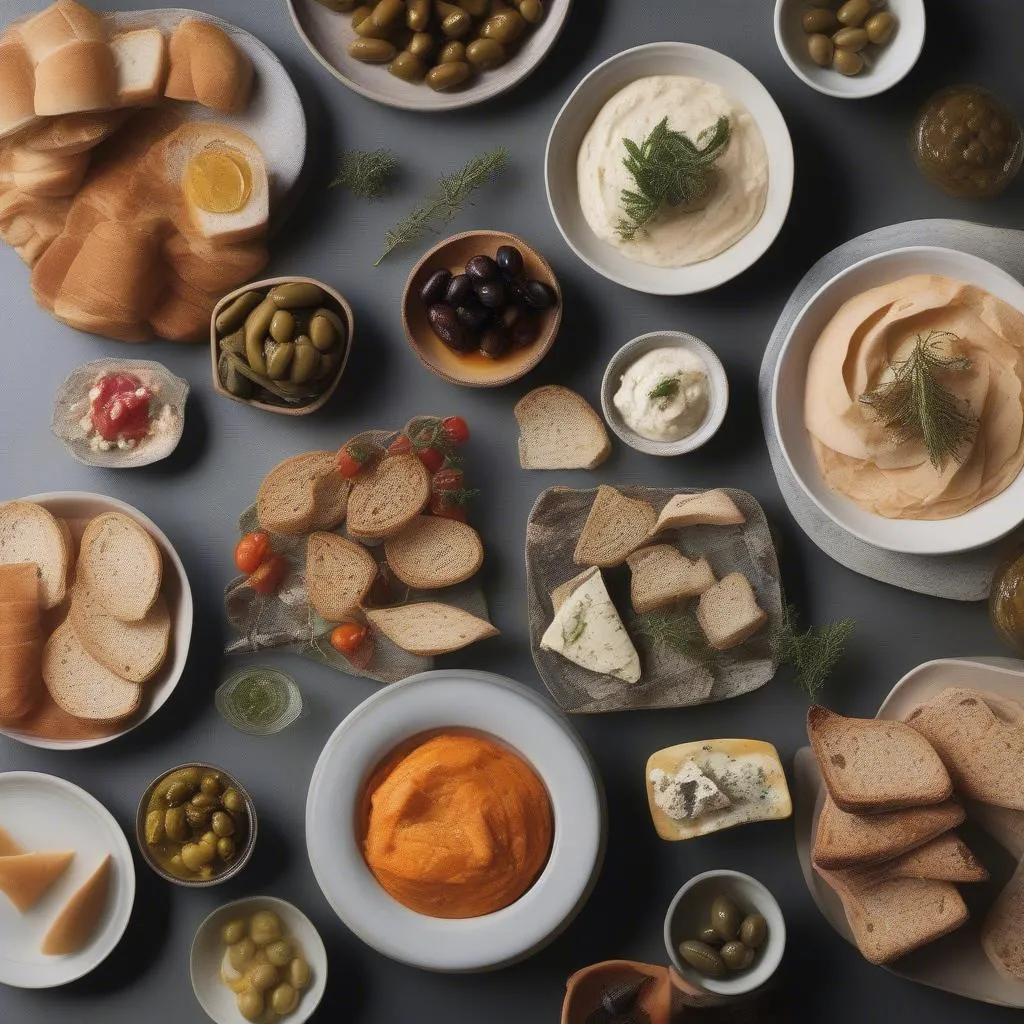 Mediterranean tapas spread featuring dried fish delicacies