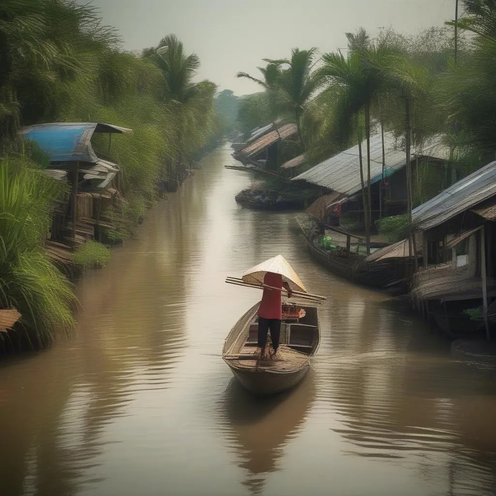 Traditional wooden boat navigating the Mekong Delta