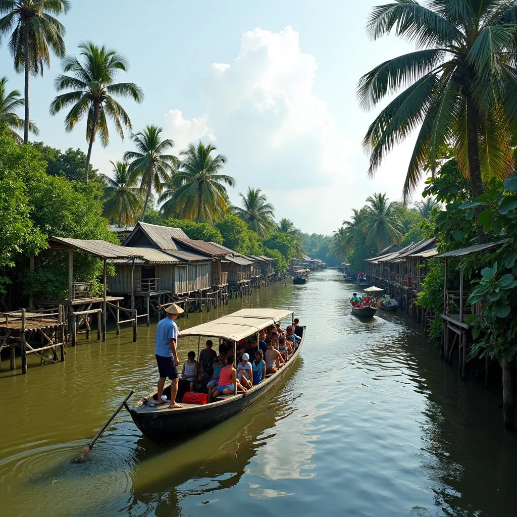 Tourists on a boat tour through the Mekong Delta canals