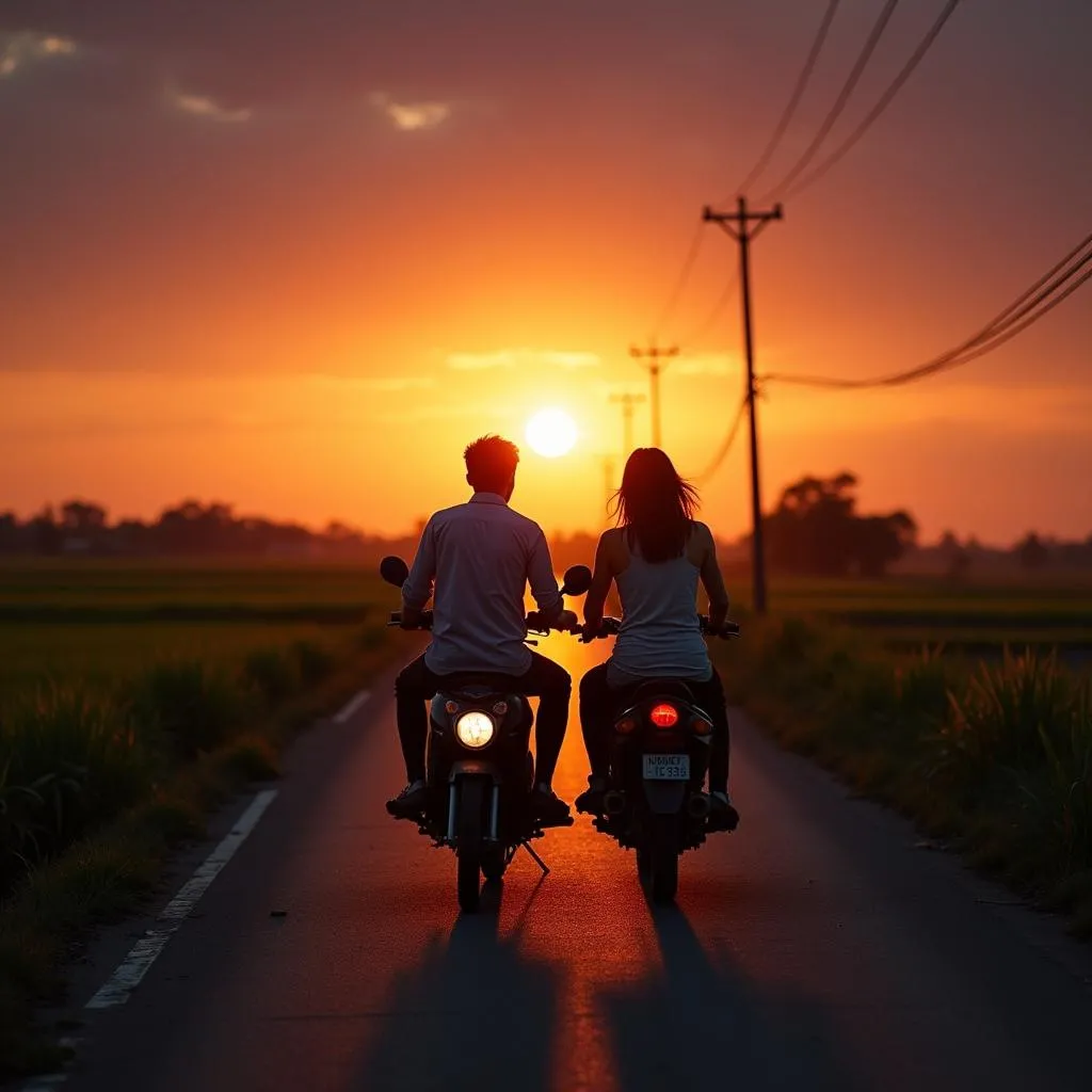 Romantic motorbike ride at sunset in Mekong Delta