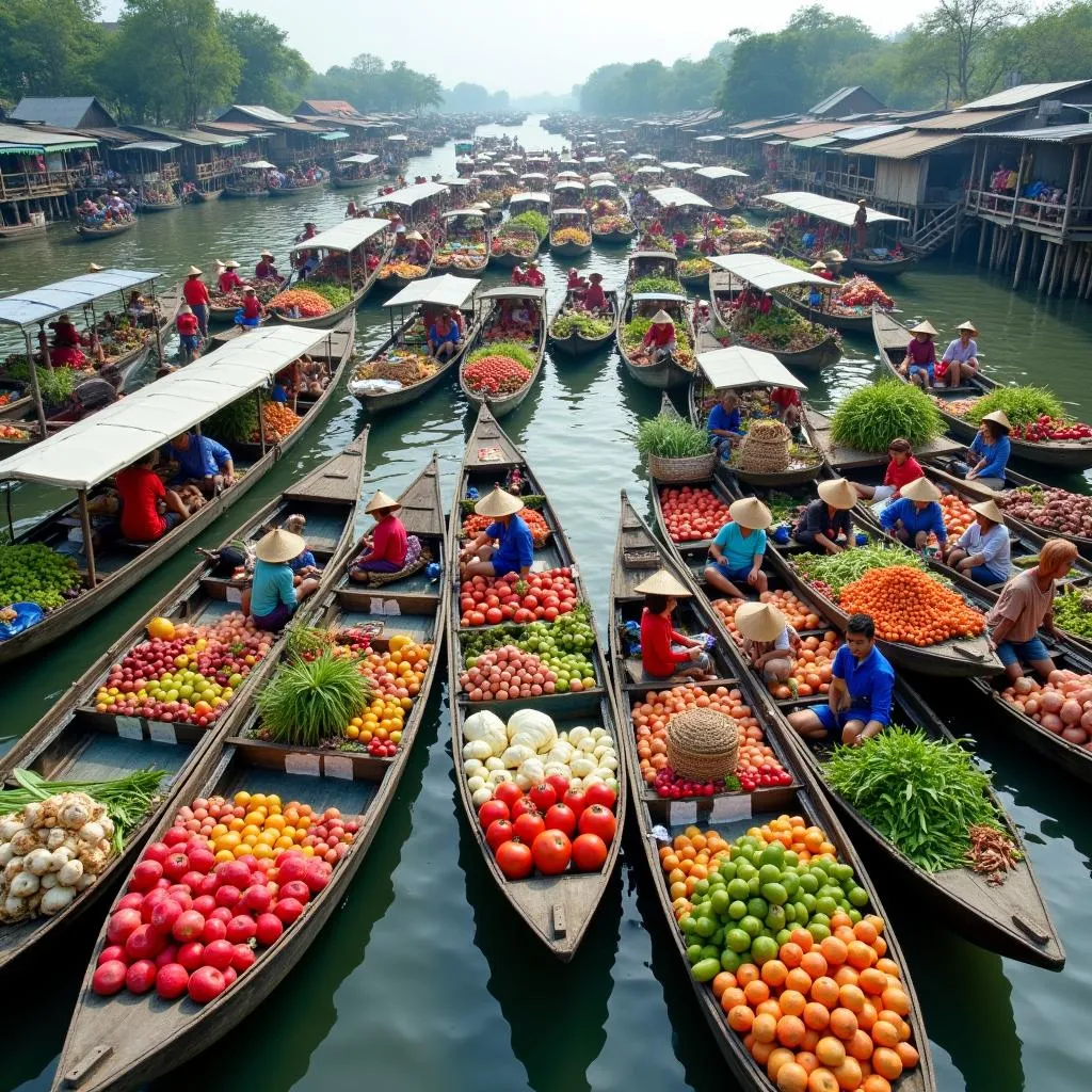 Mekong Delta floating market with boats laden with produce