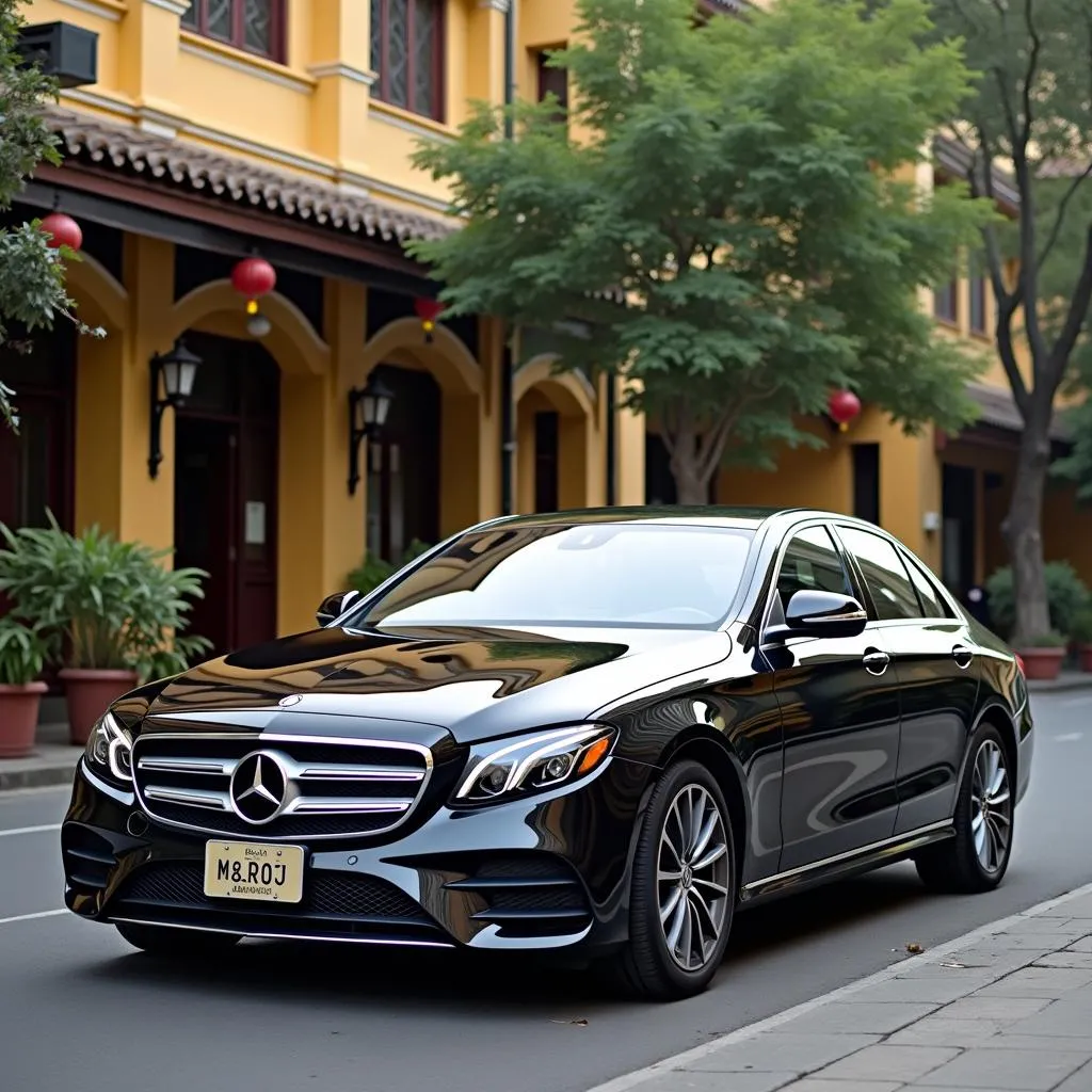 Mercedes E200 parked in front of a scenic Hanoi street