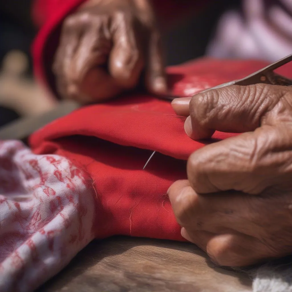 Mexican artisan crafting a red salt pouch