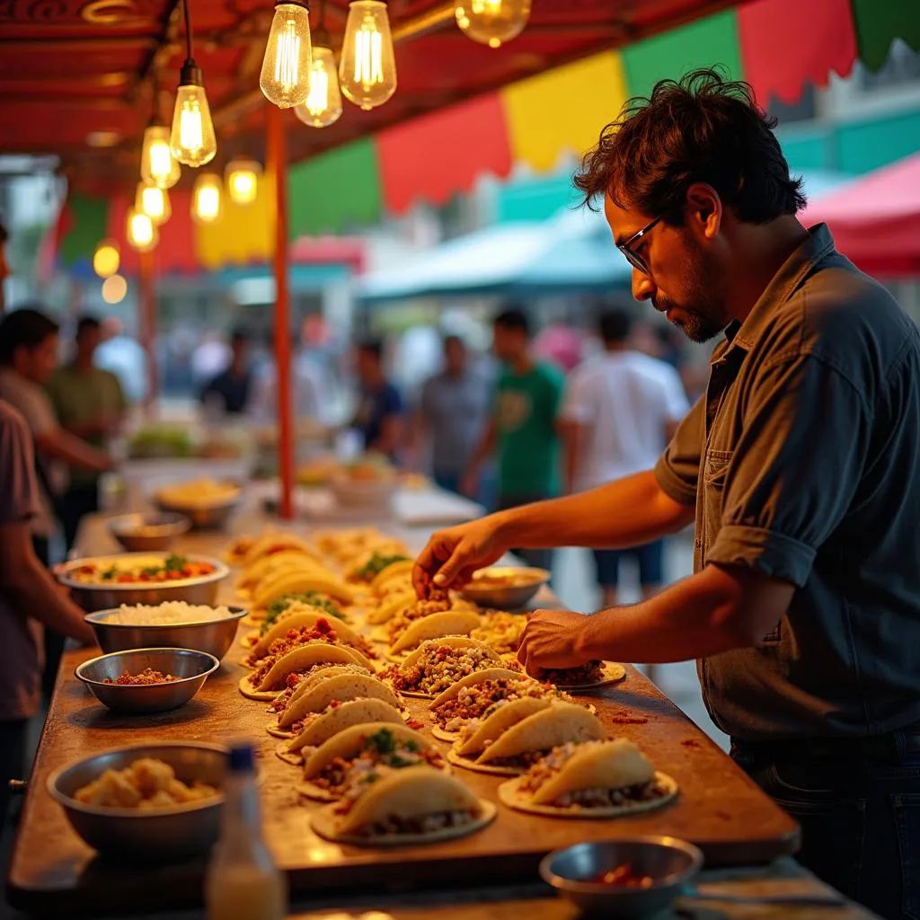 A Mexican street food vendor preparing tacos