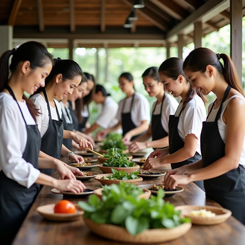 Tourists participating in a cooking class in Thailand