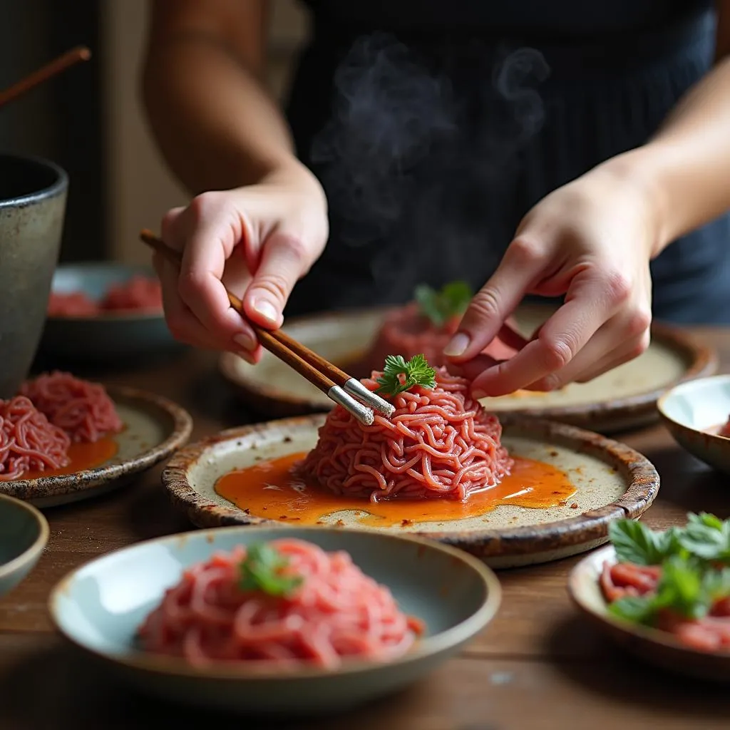 A captivating image of a traditional Vietnamese cooking class, showcasing the art of preparing minced meat dishes