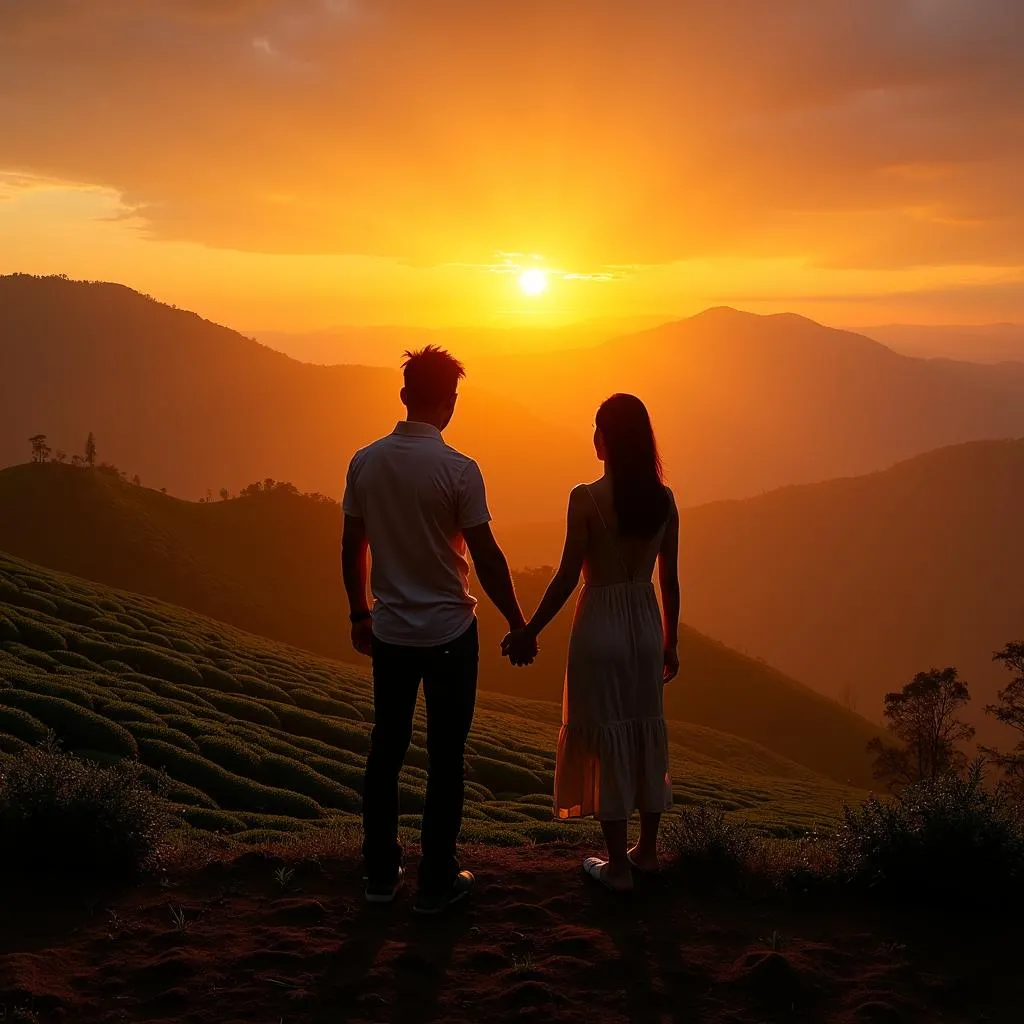 Couple admiring the sunset over the heart-shaped tea hill in Moc Chau