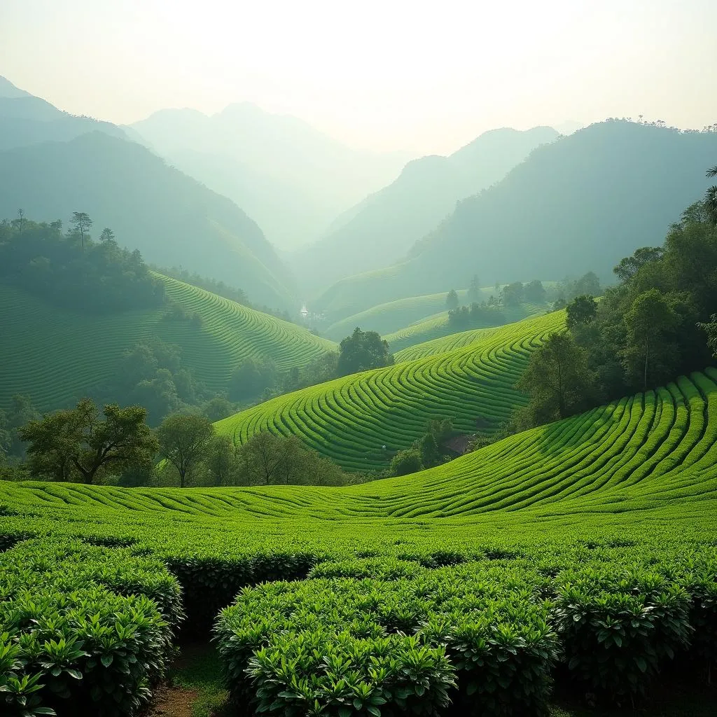 Vast tea plantations stretching across the Moc Chau hills in Vietnam