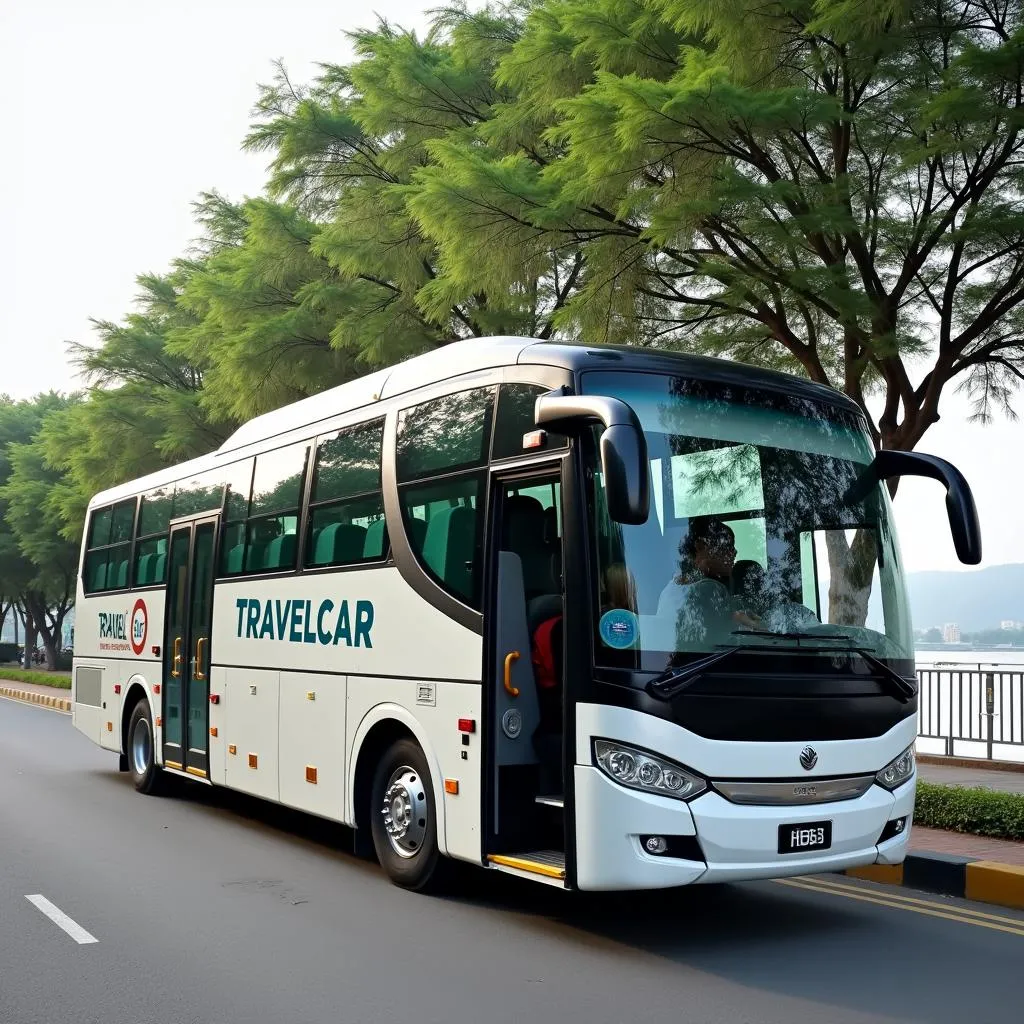 Modern tourist bus parked near Hoan Kiem Lake