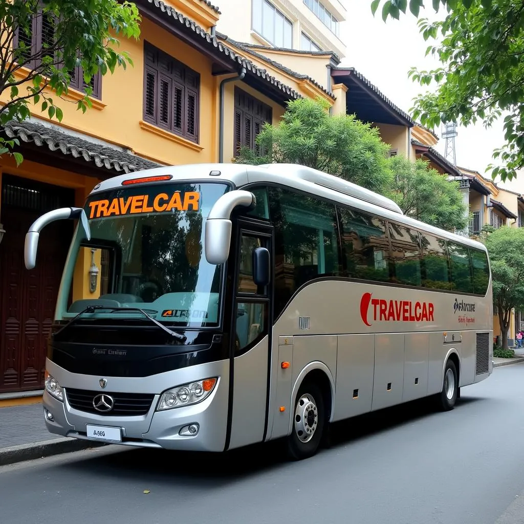 A modern tourist bus parked on a Hanoi street, ready for sightseeing.