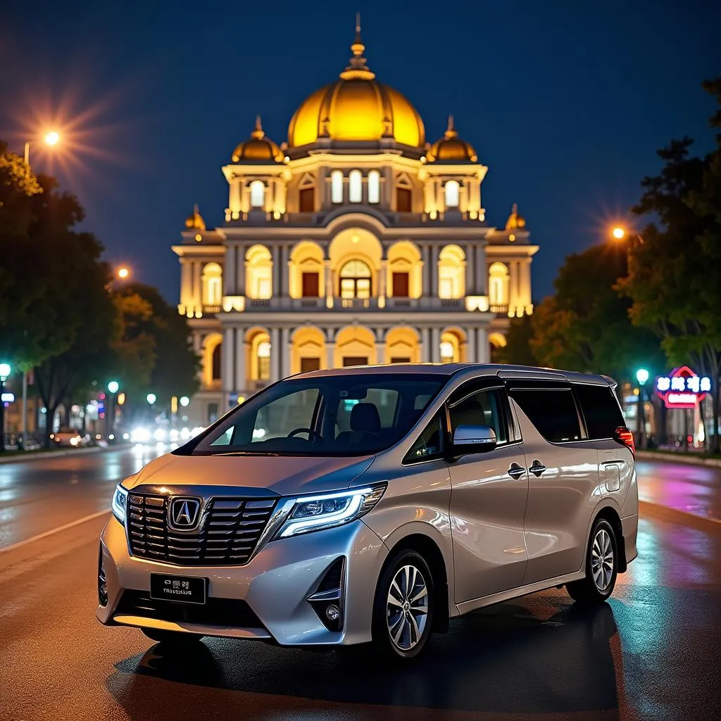 A sleek, modern TRAVELCAR van parked near the Hanoi Opera House.