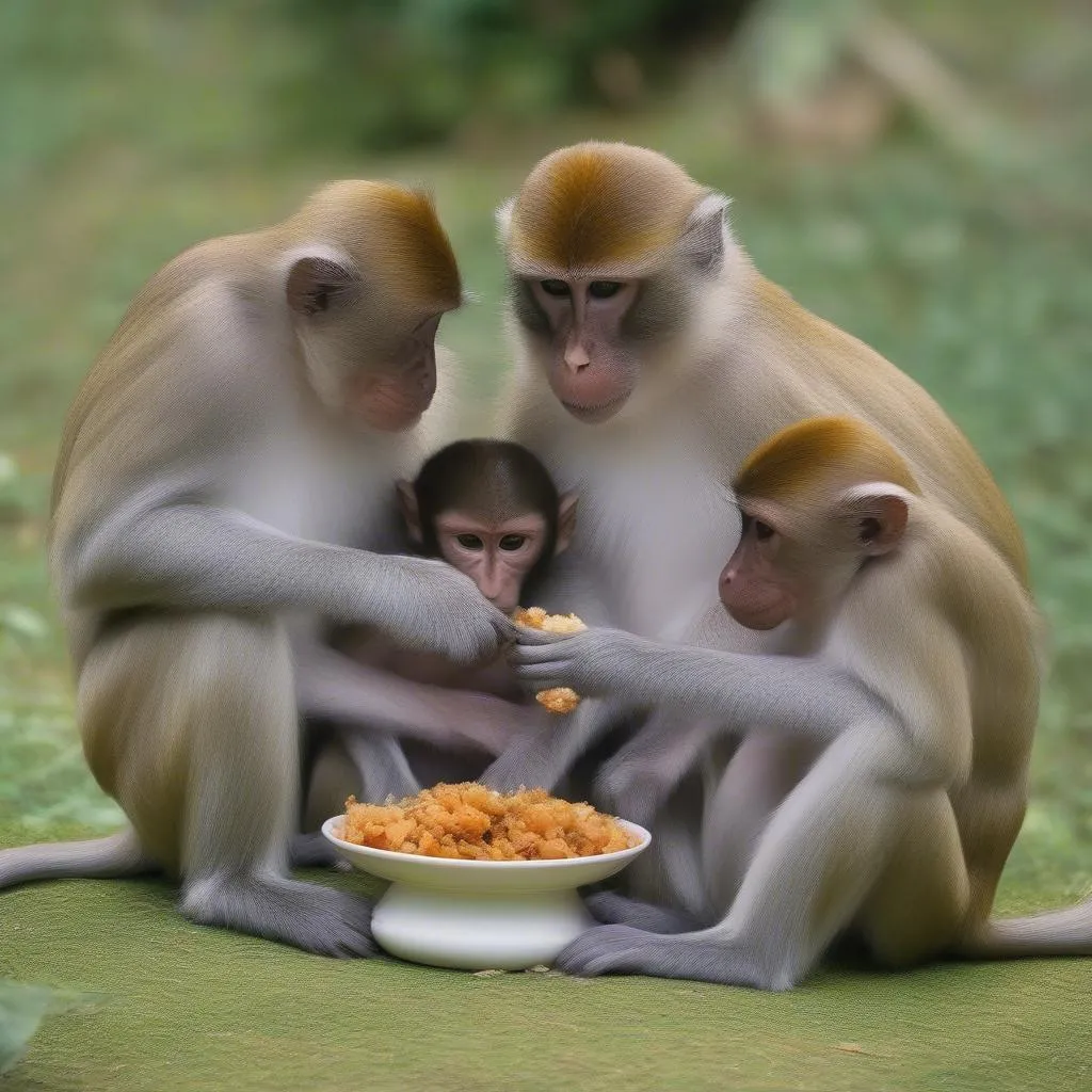 Monkey family sharing a meal