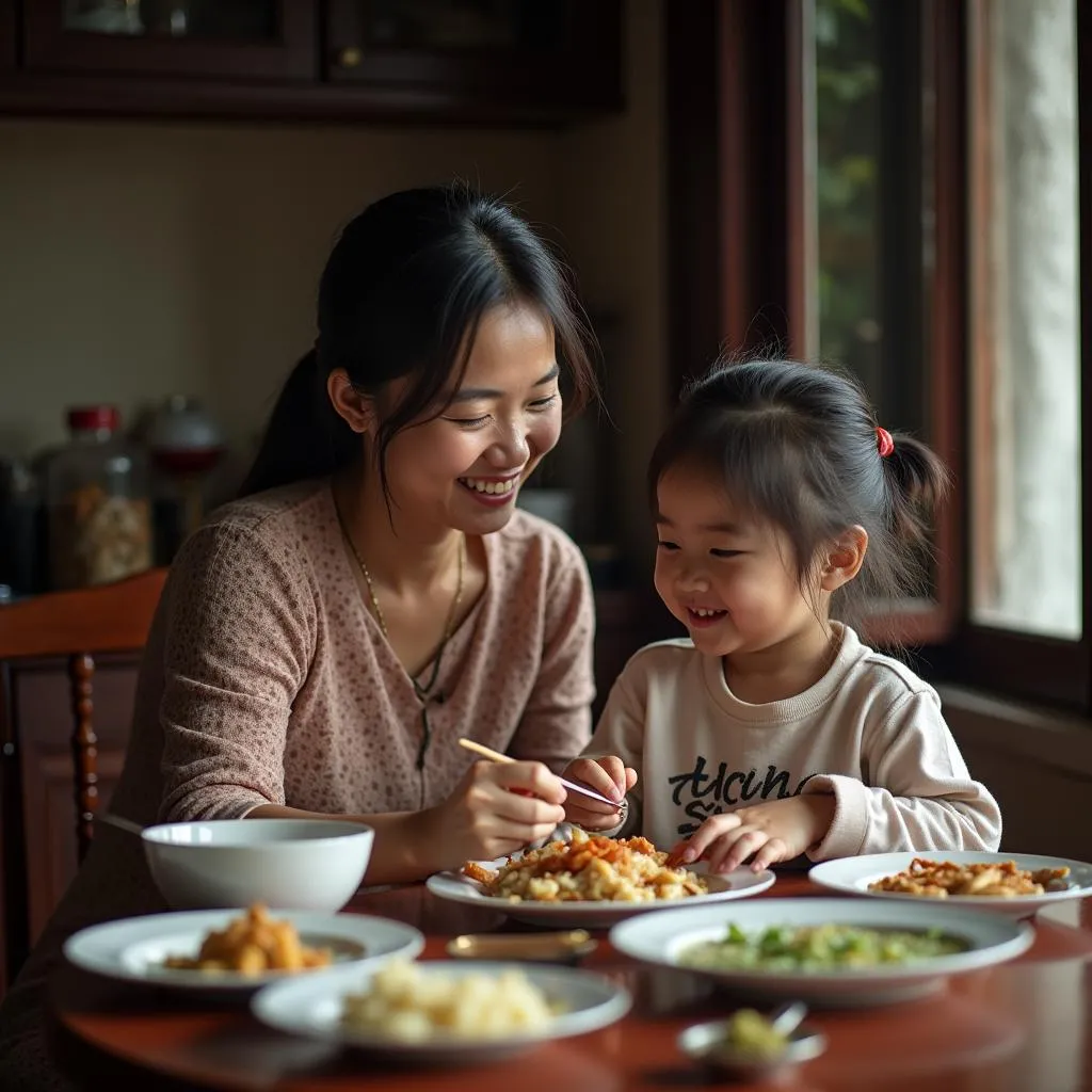 Mother and child sharing a meal in Hanoi