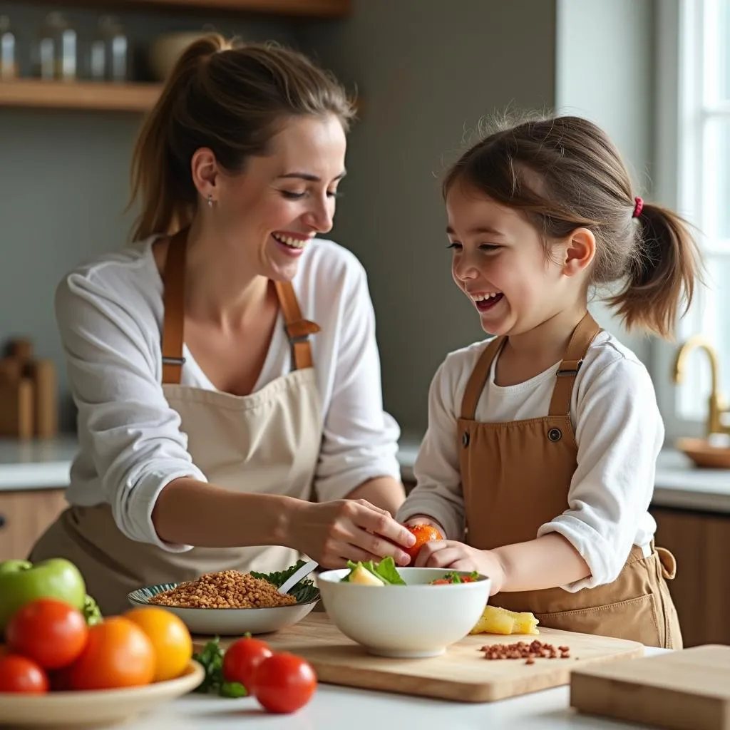 Mother and child preparing a healthy meal