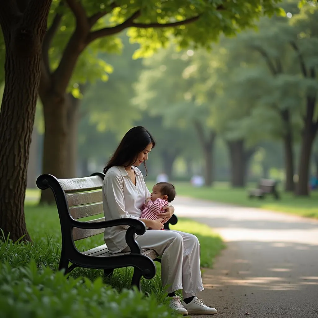 Mother breastfeeding her baby in a peaceful Hanoi park