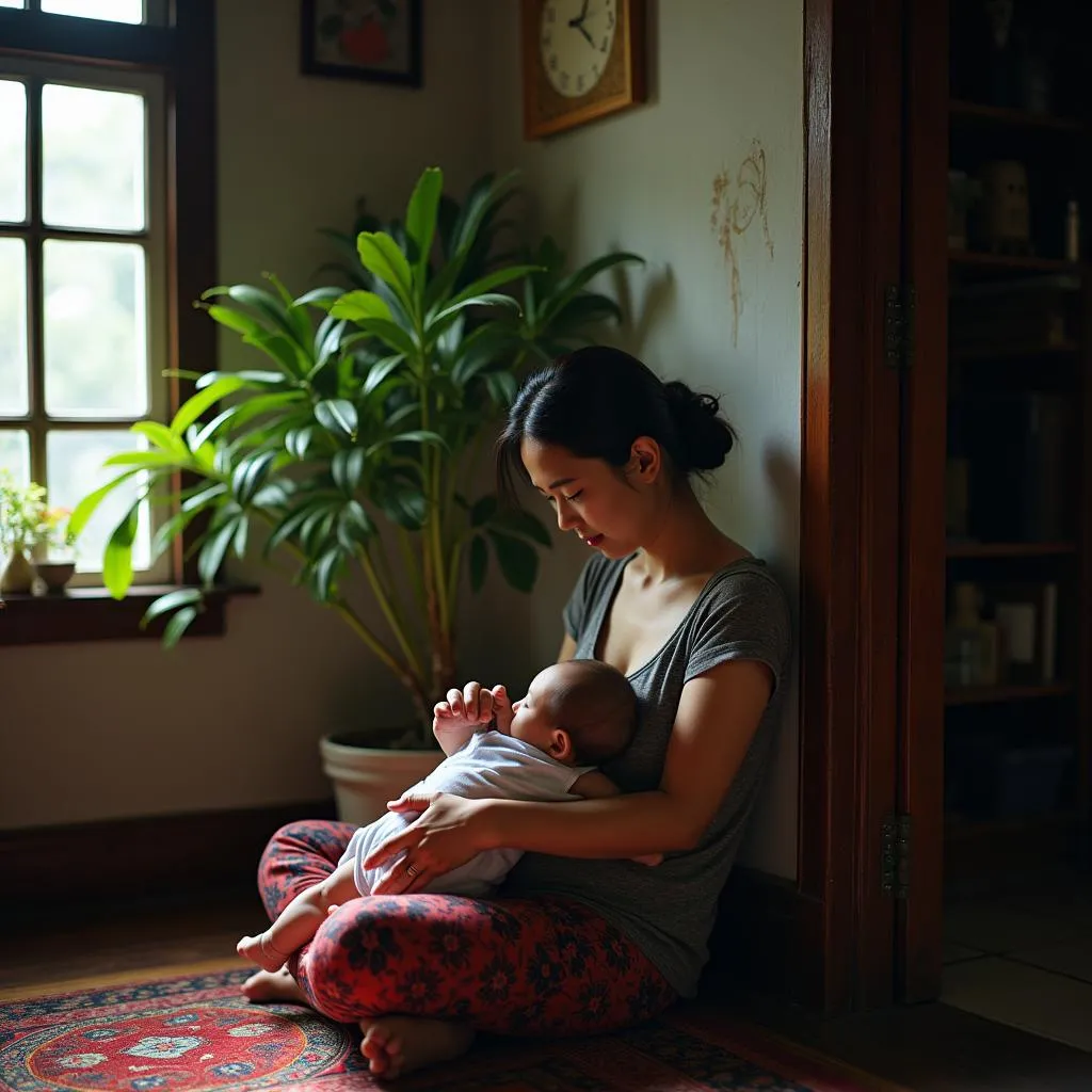 A mother tenderly breastfeeds her baby in the heart of Hanoi's Old Town