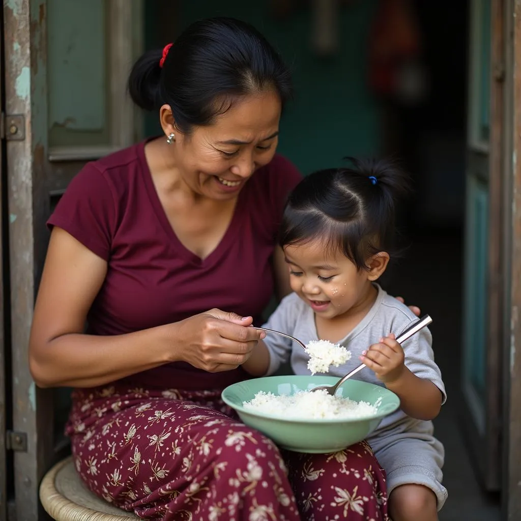 Mother feeding child rice