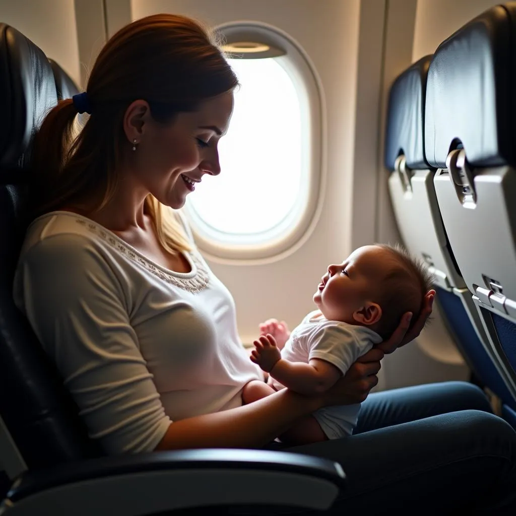 Mother comforting her baby during a flight