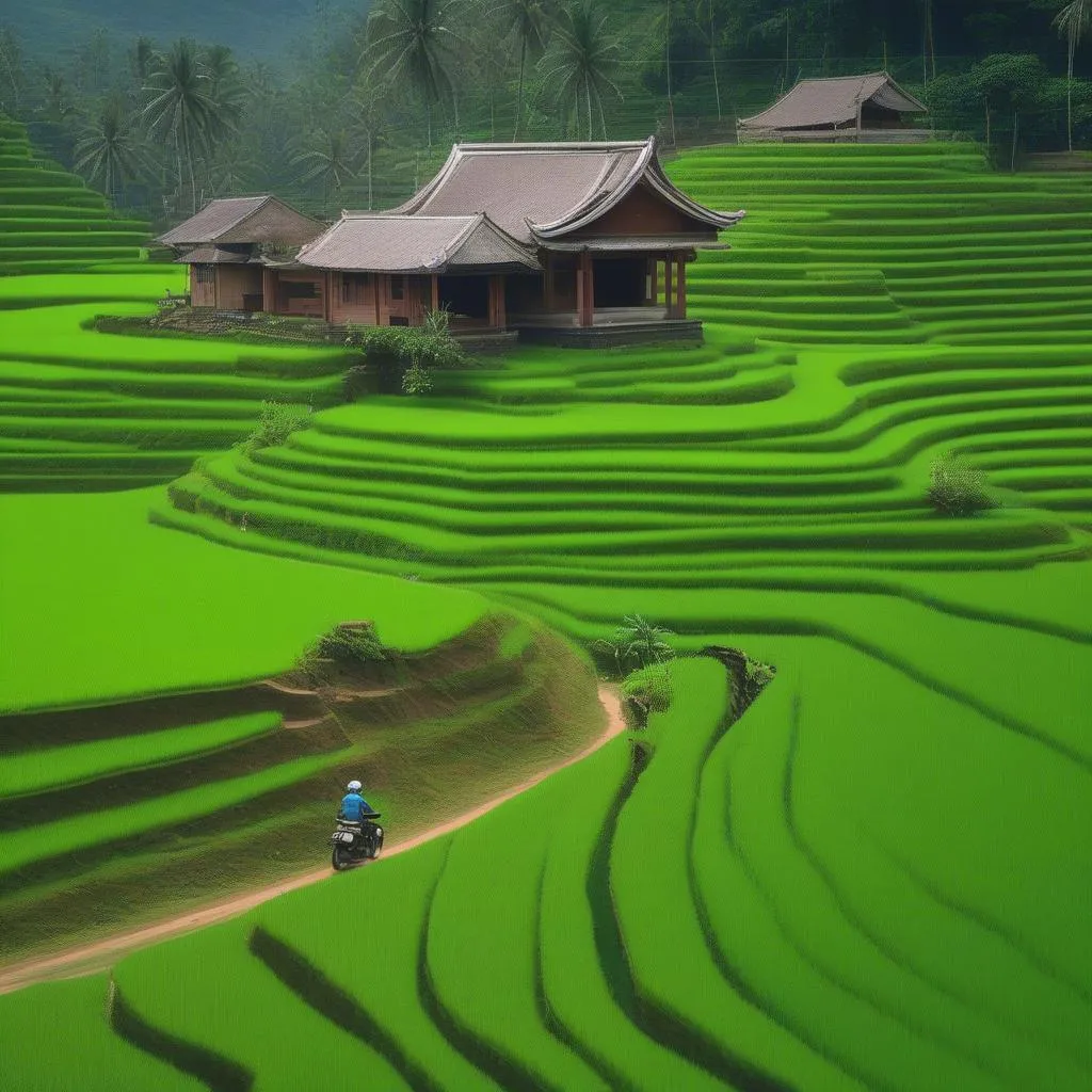 Motorbike riding through rice paddies