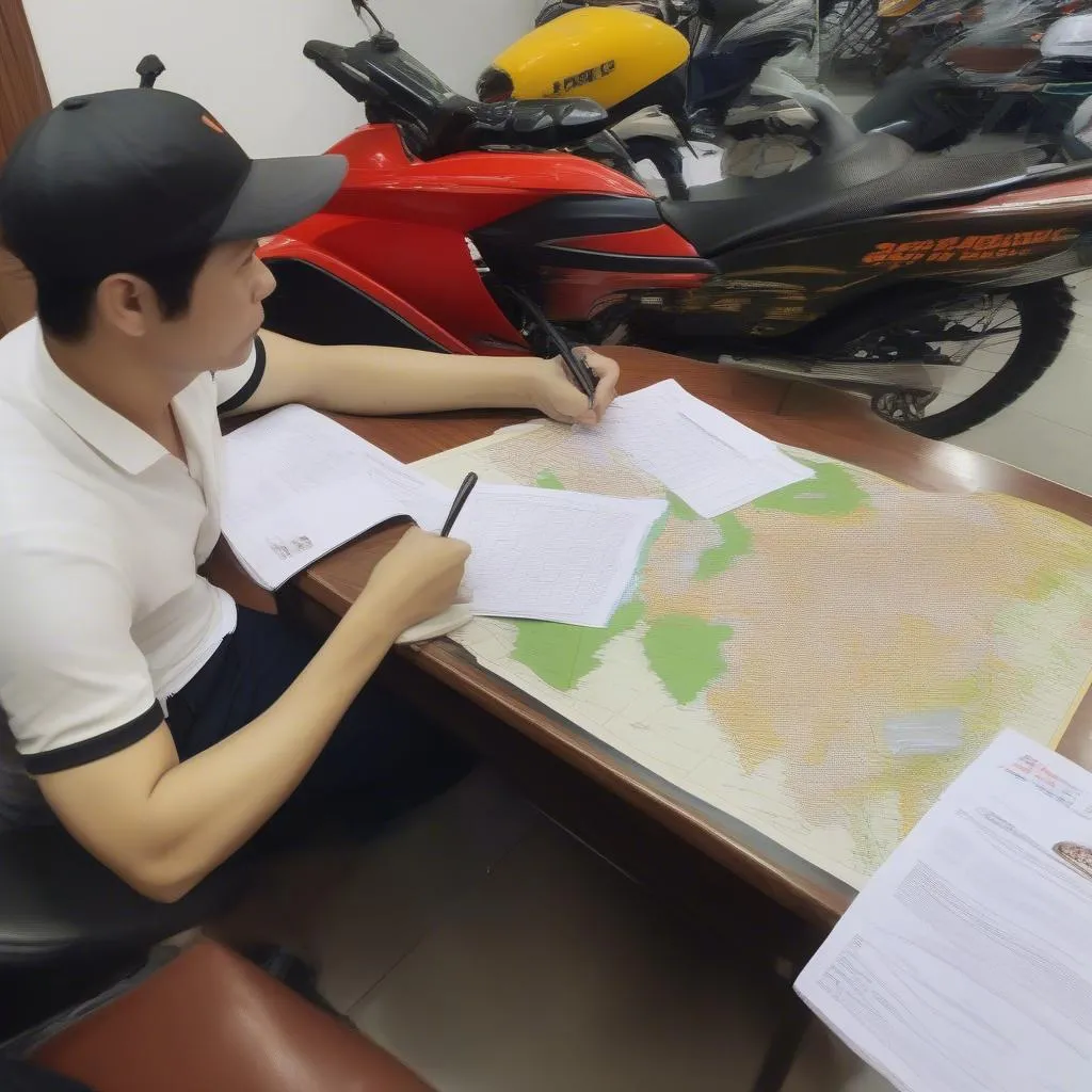 Signing a motorcycle rental agreement in Hanoi