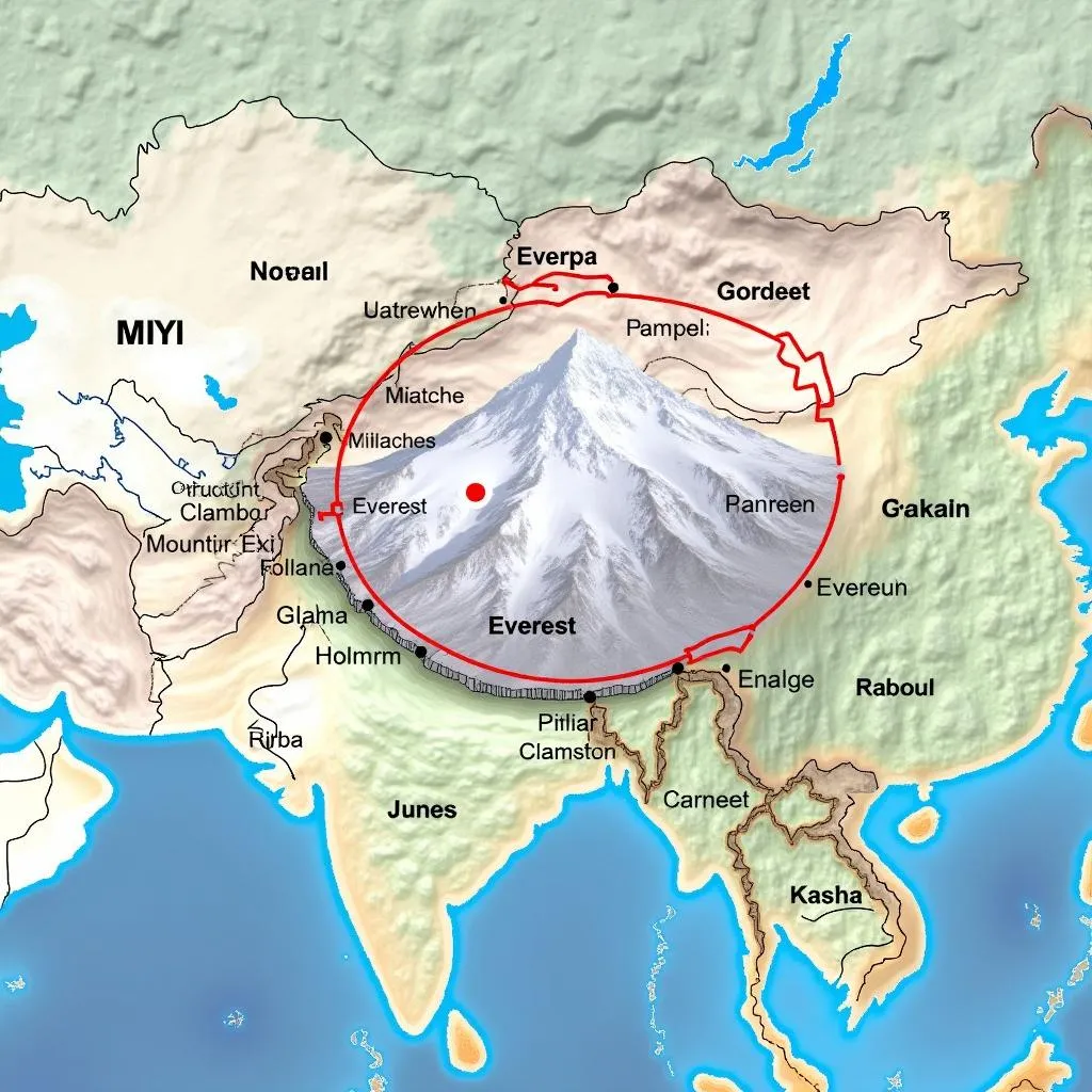 Map showcasing Mount Everest's location within the Himalayas