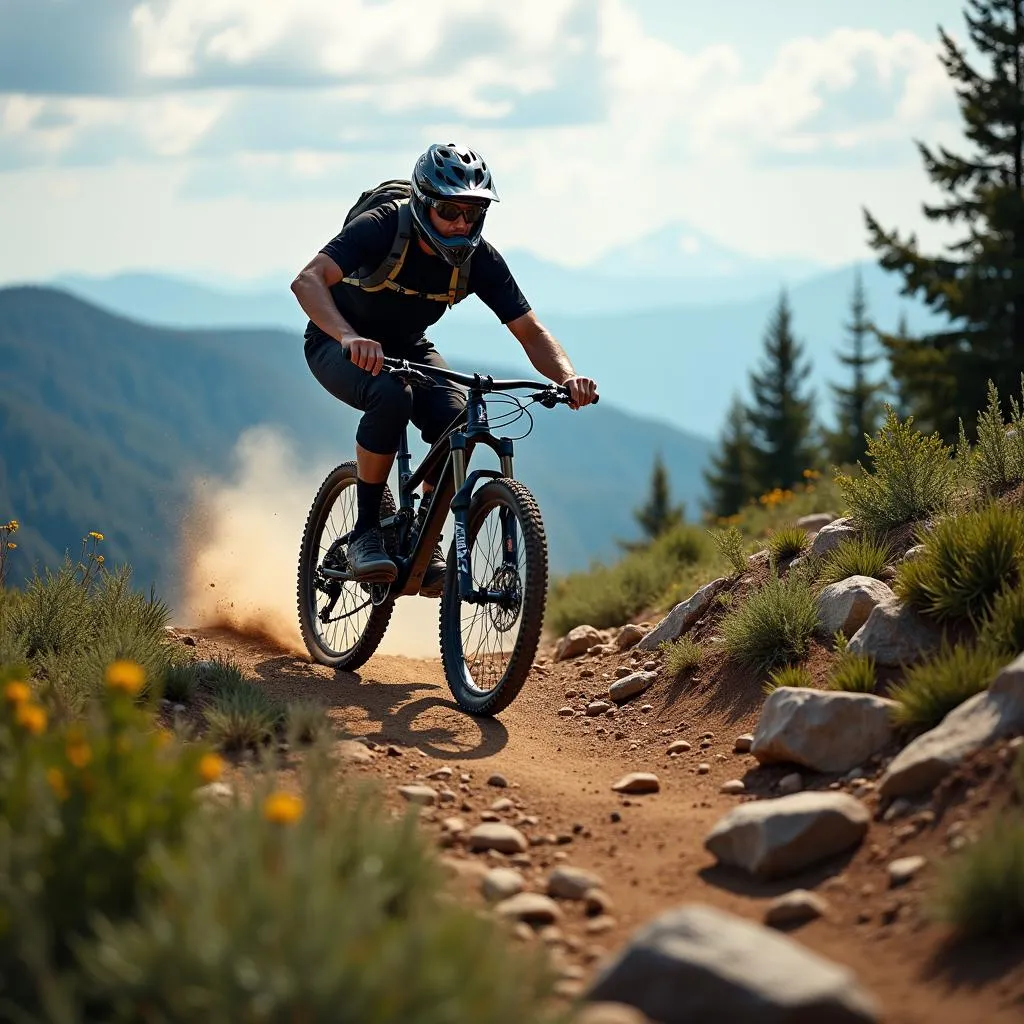 Mountain biker descending on a mountain trail