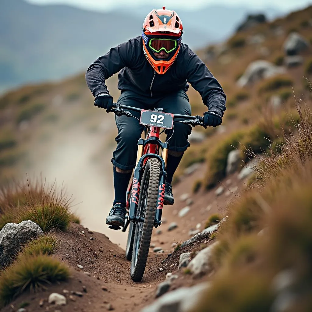 Mountain biker navigating a rocky trail