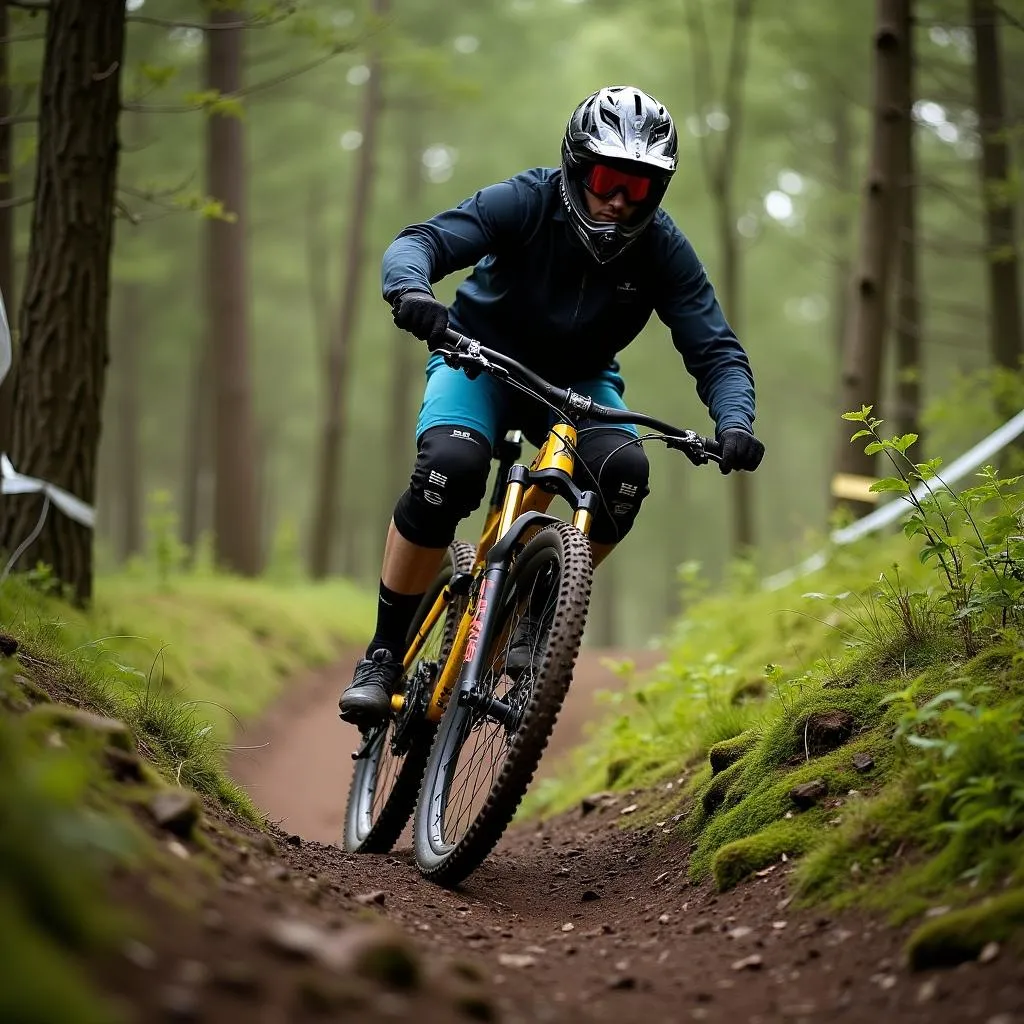 Mountain biker navigating a challenging trail