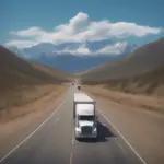 Moving truck driving on an open highway towards mountains