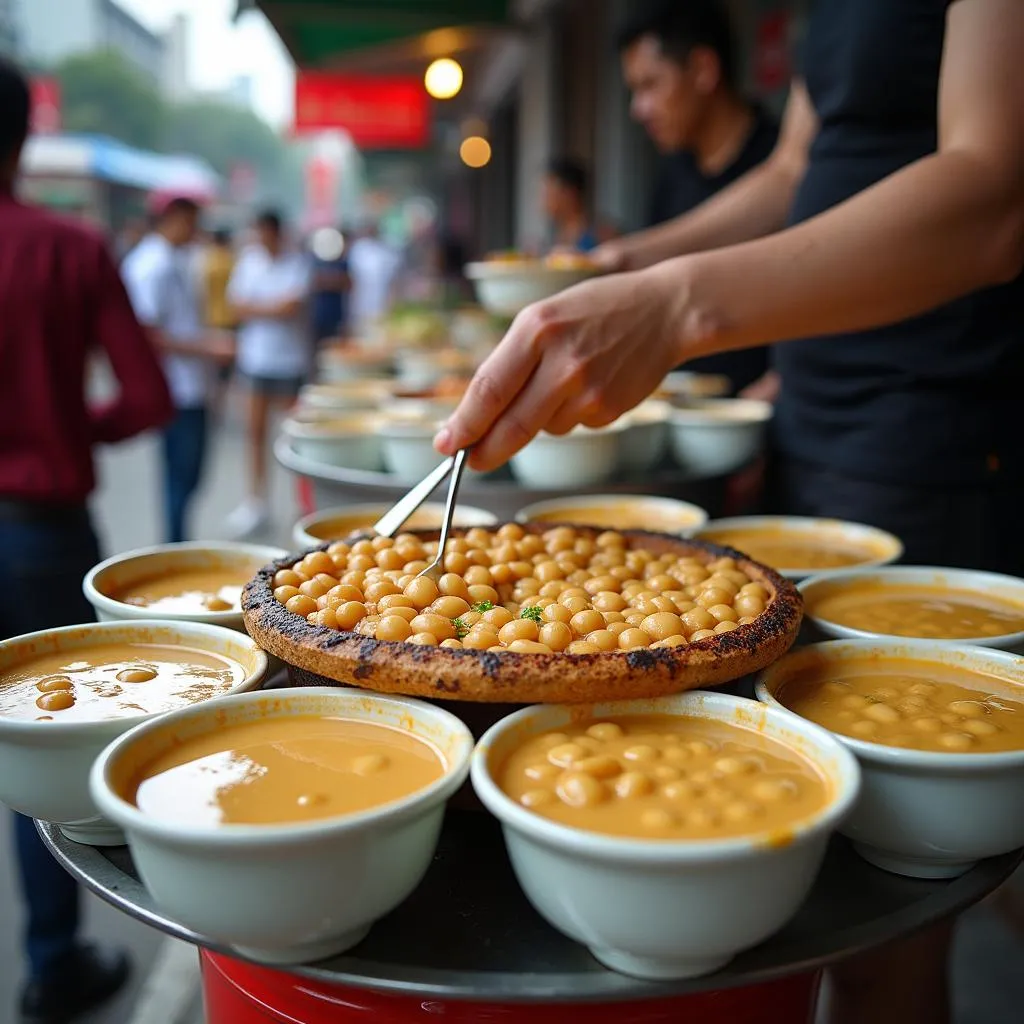 Vietnamese street vendor serving mung bean sweet soup