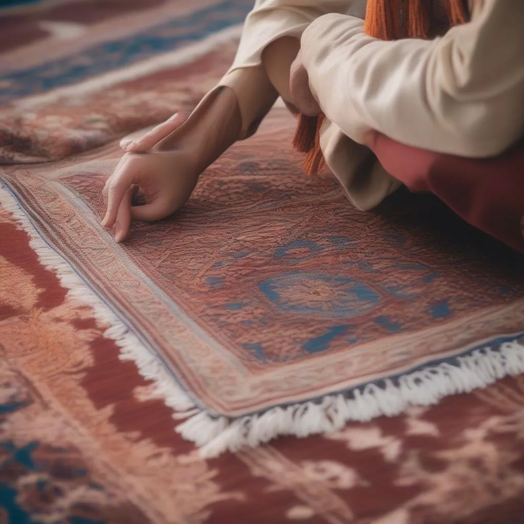 A Muslim traveler performing prayer on a travel rug in a scenic outdoor location