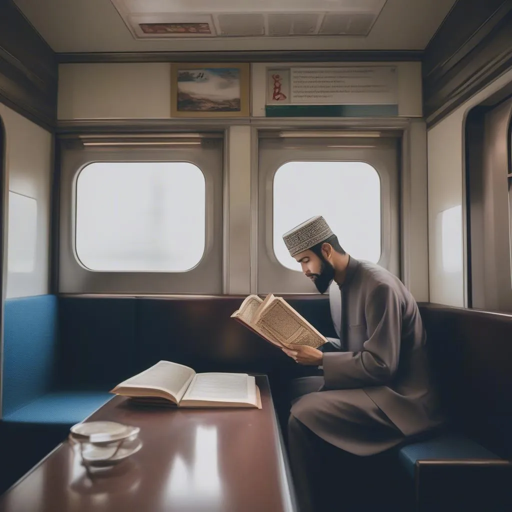 A Muslim traveler immersed in reading the Quran while on a train journey