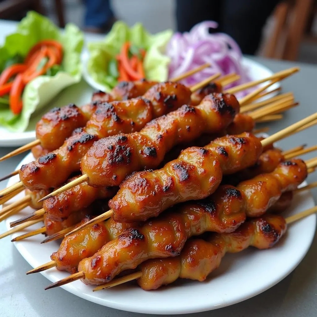 Grilled Nem Nuong skewers in Nha Trang