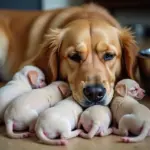 A new mom dog resting with her puppies