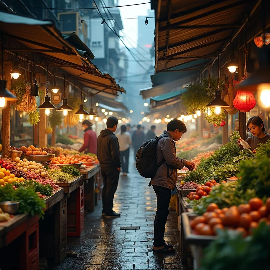 Vibrant food stalls at Nghia Tan Market