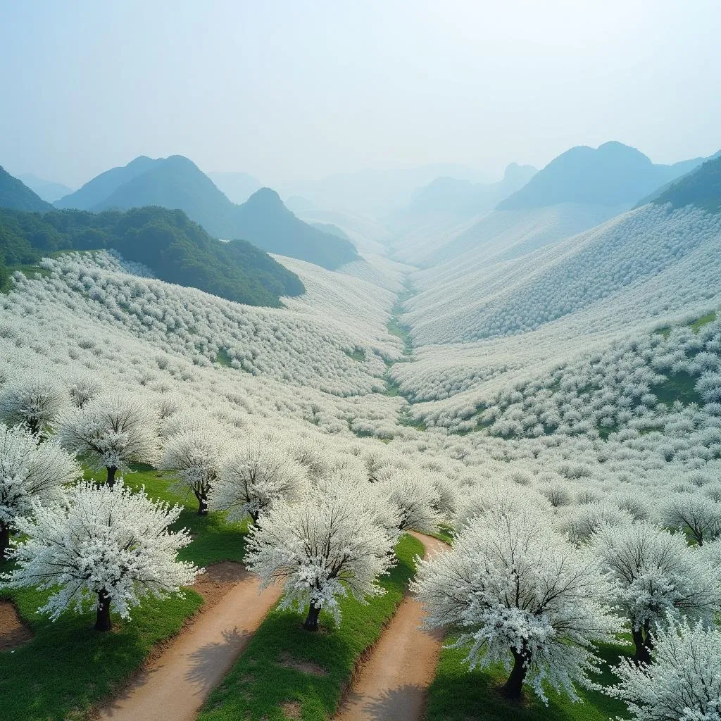 Fields of snow white apricot blossoms in Nhat Tan Flower Village