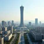 Modern Pyongyang skyline with Juche Tower in the background.