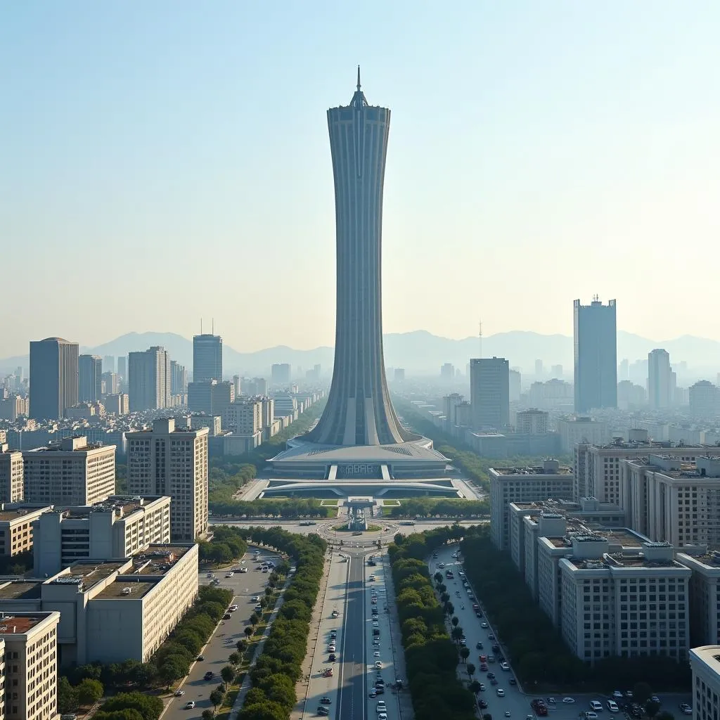 Modern Pyongyang skyline with Juche Tower in the background.