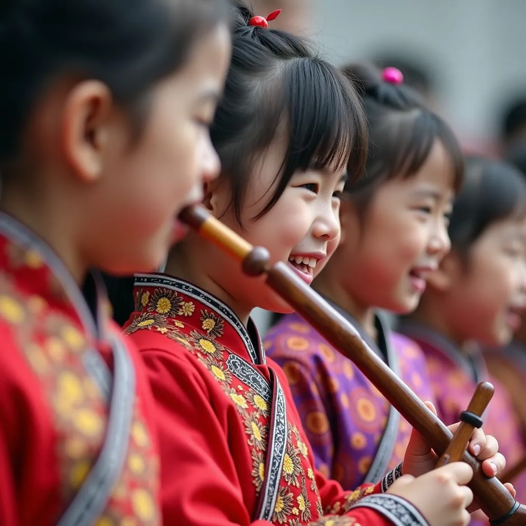 North Korean children in colorful attire playing traditional musical instruments.