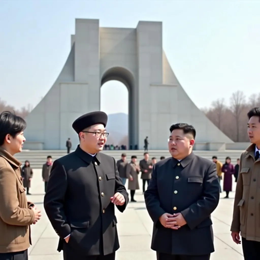 North Korean guides explaining the history of the Mansudae Grand Monument to tourists.