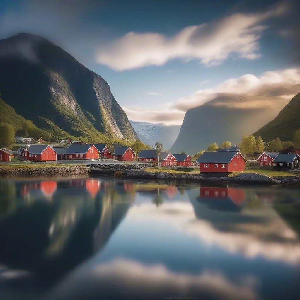 Scenic view of Norwegian Fjords and village