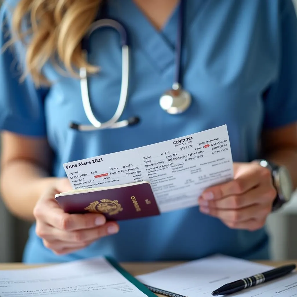 Nurse checking passport and COVID-19 vaccination card