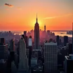 Panoramic view of New York City skyline at sunset